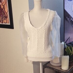 Anthropology White Knit Sheer White Mesh Long Sleeve Sweater NWT